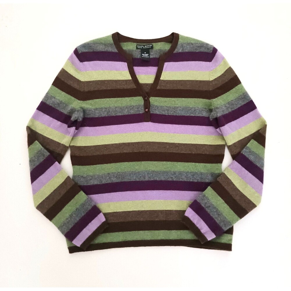 Daniel Bishop Cashmere Pullover V Neck Sweater Lavender Green Brown Stripes Sz M